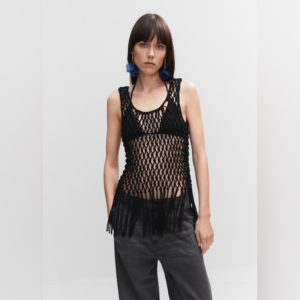 MANGO Crochet Fringe Detail Top Beach Swim Festival Coverup Black Size Small